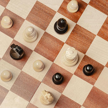 A&ampA Premium Folding Chess Set 19 Wooden Board &amp 3.75 King Height Staunton Pieces with 2 Extra Queens Portable Travel Game Set (Natural Mahogany 19 Inches)
