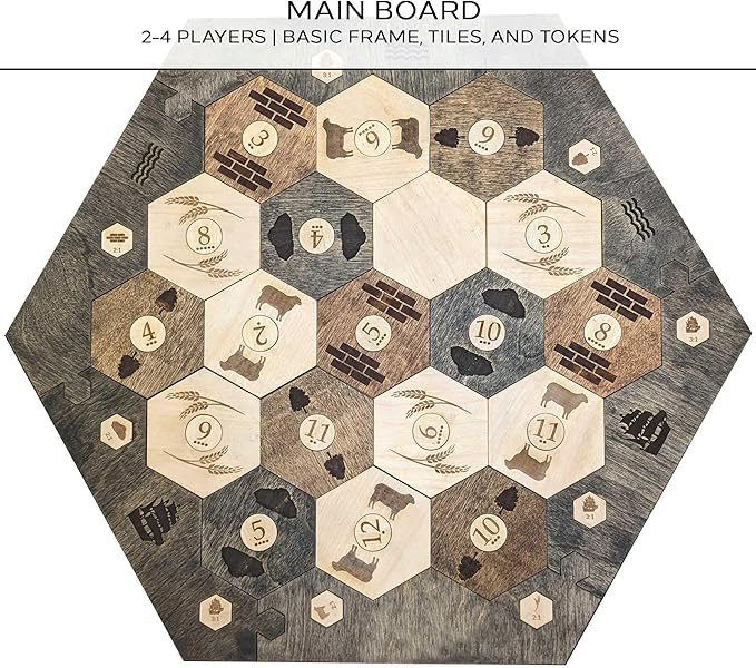 Custom Wood Settler Game Board - 2-4 Players | Main Board Ebony Frame | Compatible with Settler's of Catan