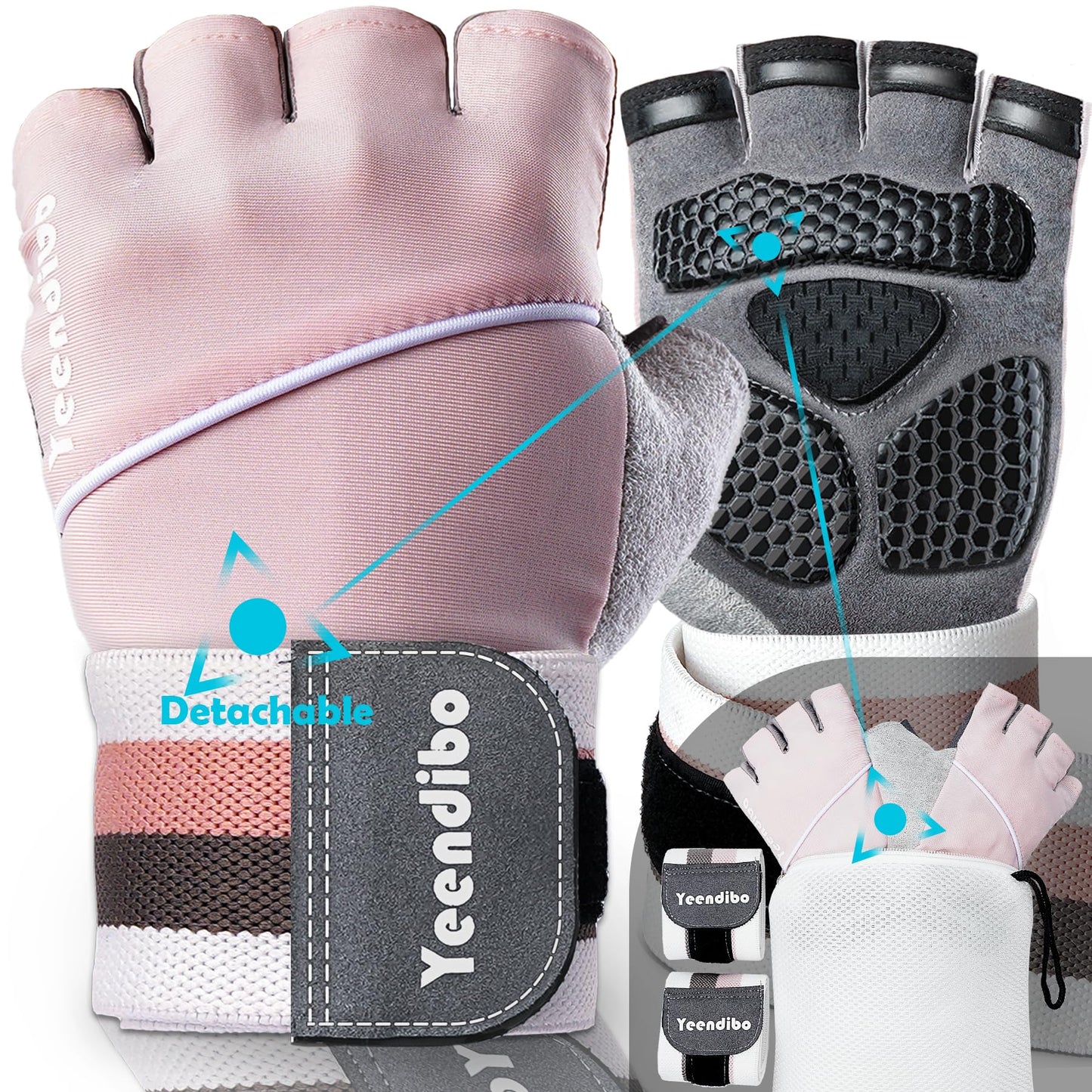 Yeendibo 5-in-1 Workout Gloves for Men & Women, with Excellent Grip, Full Protection Exercise Weight Lifting Gym Gloves, Detachable Wrist Strap & Mesh Bag