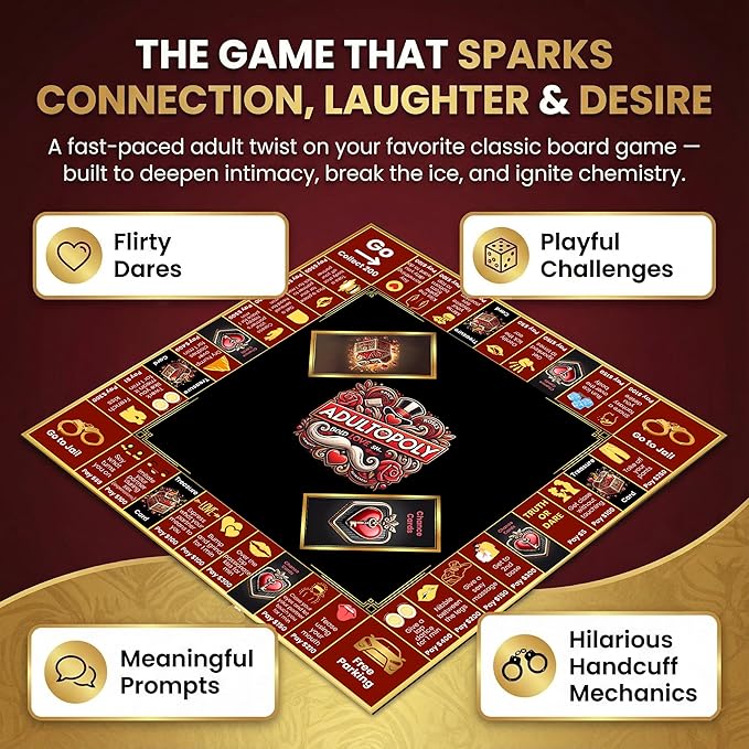 Adultopoly with Handcuffs – a Romantic Spin on The Classic Board-Game. Playful Date Night Games for Couples to Spark Romance Fun and Deeper Connection. The Ultimate Adultopoly Board Game