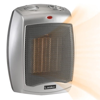 Lasko Desktop Electric Ceramic Space Heater with Adjustable Thermostat, 2 Heat Settings and Fan Only Mode, 9.2 Inches, Silver, 754200