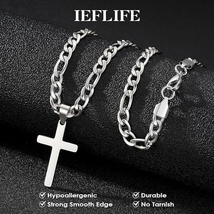 IEFLIFE Easter Basket Stuffers - Cross Necklace Easter Gifts for Men Boys Silver Figaro Chain Cross Necklace Jewelry Christian Baptism Gifts for Boys Birthday Gift for Dad Husband Son Grandson