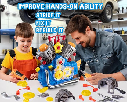 Engine Building Kit Kids Mechanic Repair Set for Kids Motorcycle EngineTake Apart Toys-42pc PlaysetSTEM Engine Model Kit Toy with Cool Lights&ampSoundsEducational Toys for 3+ Year Old (Blue)