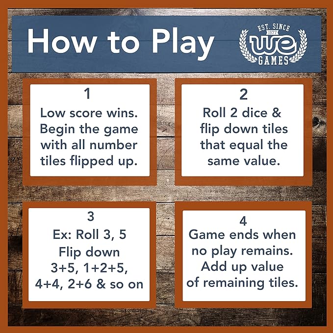 WE Games Shut The Box Board Game - Classic 4 Player Wooden Table Top Dice Game for Family Game Night Walnut Stained Wood 14 in. 10 Numbers Classroom Play or Bar Fun for Adults