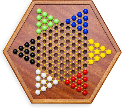 Wooden Chinese Checkers Game Set with Storage Drawer 12.6 inches - Includes 60 Colorful Acrylic Chess Pieces (6 Colors) - Classic Strategy Board Game