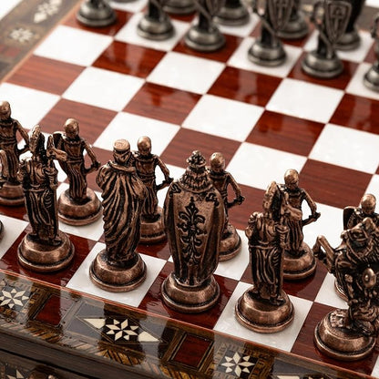 Luxury Wooden Chess Set with Metal British Army Pieces – Handmade Walnut Chess Board with Storage – Decorative Gift for Adults &amp Father Gift (Rose)