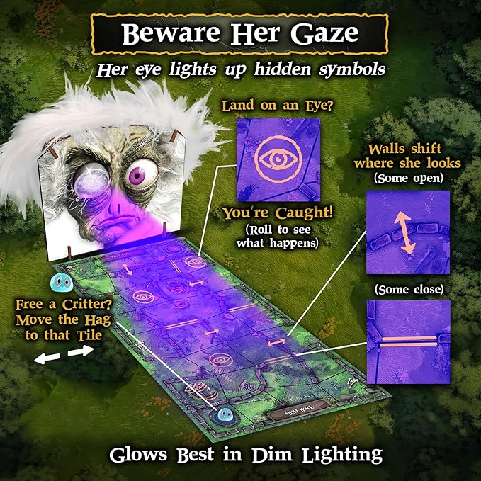 Enchanted Maze - A Light Up Board Game for Families | Ages 5+ 1-6 Players | Cooperative Competitive and Solo Play Options | with “Secret” LED Light up Tiles dice Animal Figurines and a Hag!