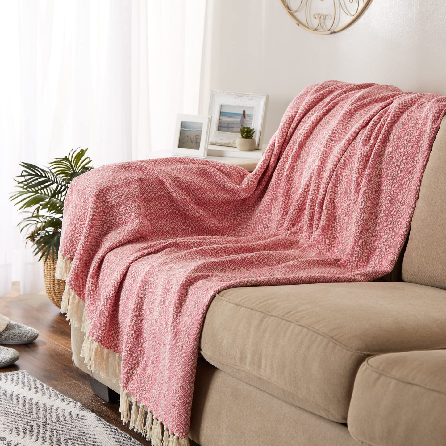 DII Diamond Stitch Woven Throw, Organic Modern, 50 x 60, Rose