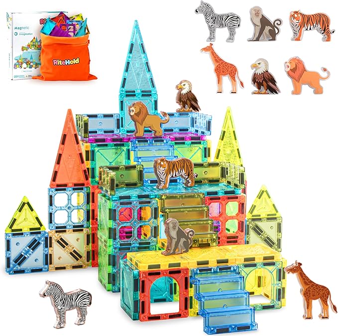 Magnetic Tiles for Kids 62PCS Magnatiles Building with Storage Bag Set Toddler Construction STEM Small Travel Tiles Micro Toys for Kid Ages 3 4 5 6 7 8 9 10 Preschool Boys Girls Birthday
