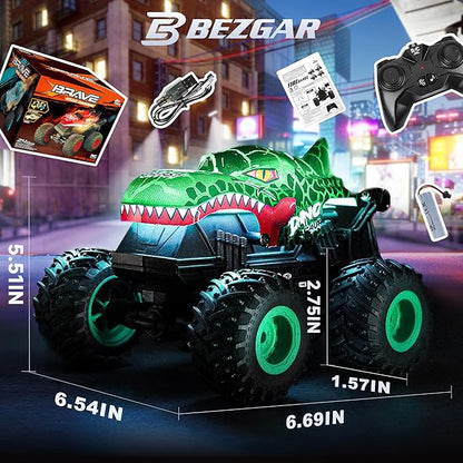 BEZGAR Monster Truck Toys - Remote Control Monster Truck with Light &amp Music Dinosaur Toys for Kids 1:20 Scale RC Truck with 360° Spins and Drifting Remote Control Car for Boys 4-7
