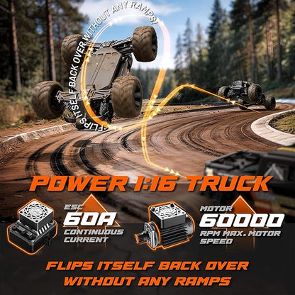 UDIRC 1610S Brushless Fast RC Car 56+ MPH and Standing Backflip in Stock Setup 1:16 High Speed RC Truck 4WD RTR Off-Road Monster RC Truck for Adults