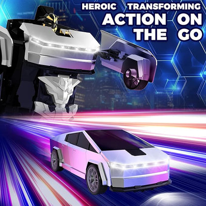 Transform RC Cyber Pickup Truck Cars Robot Toy for Kids 2.4GHz Remote Control Car with One-Button Deformation 360° Rotation LED Lights Valentine's Day Birthday Gifts for Boys Age 4-7-8-12（1:18 Scale）