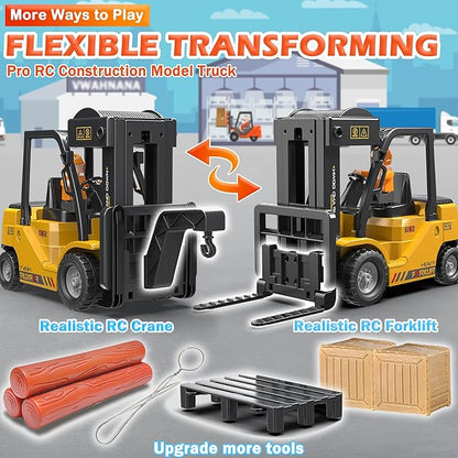 RC Forklift Truck 2 in 1 Transform Lift Fork &amp Hook Kids Forklift Toy 11 Channel Remote Control Forklift for Adults 2 Battery Spray Light RC Construction Vehicles Toy for Kids 6+ Gift