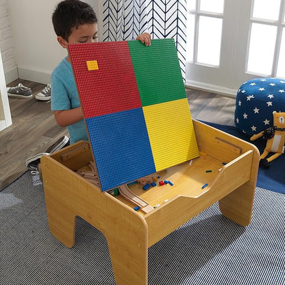 KidKraft 2-in-1 Reversible Top Activity Table with 200 Building Bricks and 30-Piece Wooden Train Set Natural Gift for Ages 3+