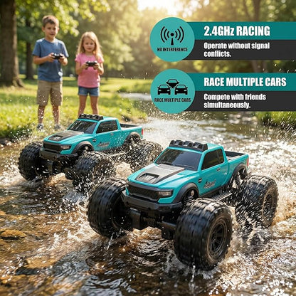 8816 1:12 Amphibious Remote Control Car with Full Proportional Steering-Fully Waterproof All Terrain RC Monster Truck for Kids 6-12+ 7.4V 4WD 2.4Ghz 60+ Min Dual Battery Blue