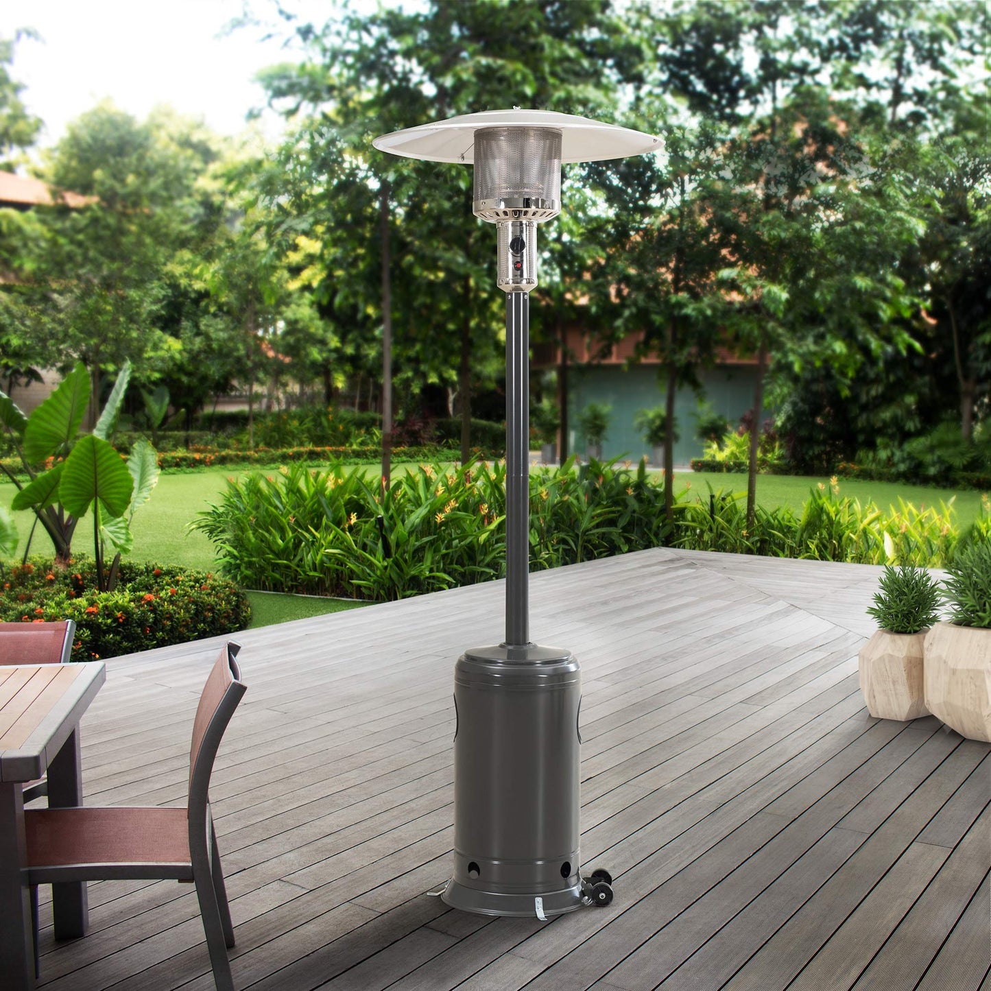 Sunjoy 47,000 BTU Avanti Outdoor Portable Propane Heater for Patio and Garden with Safety Auto Shut Off Valve and Wheels, Gray