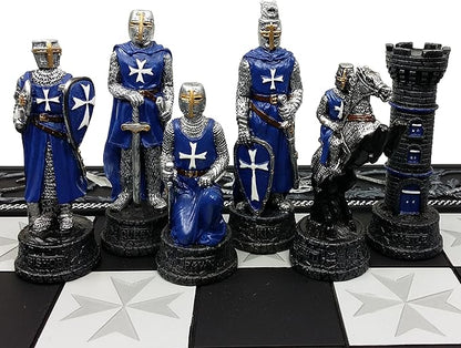 HPL Medieval Times Crusades Blue and White Armored Maltese Knights Chess Set with 17 Board