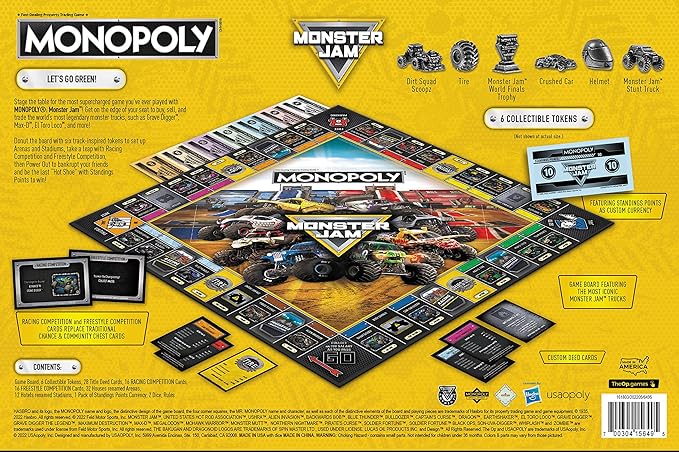 USAOPOLY Monopoly: Monster Jam | Buy Sell Trade Iconic Trucks Including Grave Digger Max-D El Toro Loco Dragon’s Breath Classic Monopoly Game Officially-Licensed Merchandise