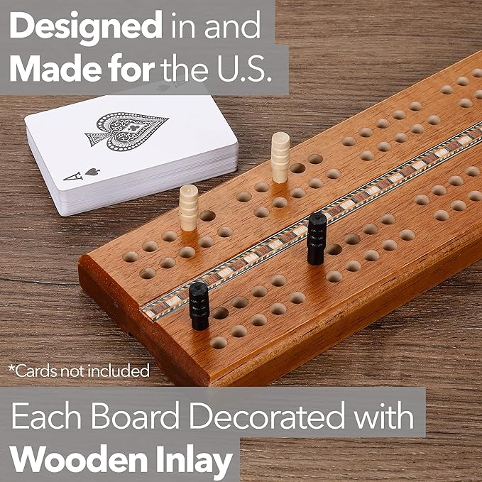 Sterling Games Extra Large Extra Long Cribbage 16 Wooden Game Board 2 Persons Double Track Board with 1/4 Holes and Italian Inlaid Large Wooden Pegs Great for Seniors and Children