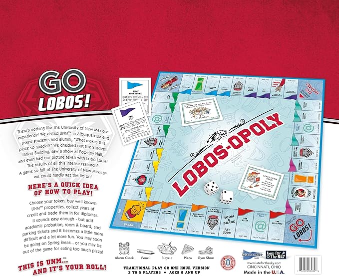 Late for The Sky Lobos-Opoly Board Game - University of New Mexico UNM Lobos Family Board Game Campus Properties Ages 8+ 2-6 Players Traditional or 1-Hour Play