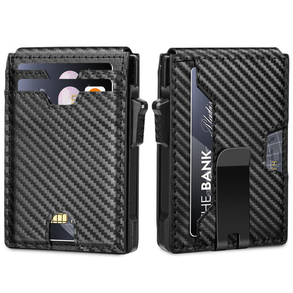 Vandz Minimalist Wallet for Men,Slim RFID Blocking Bifold Wallet Credit Card Holder Aluminum Pop-Up Card Case with Money Clip (Carbon Fiber Black)