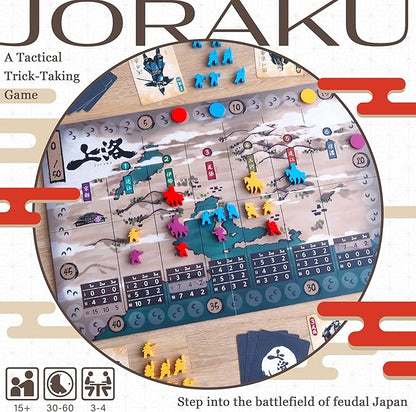 Joraku Deluxe Strategy Board Game 40 Wooden Samurai Meeples Area Control and Trick-Taking Mechanics for Strategy Game Enthusiasts 2-4 Players 20-40 Min