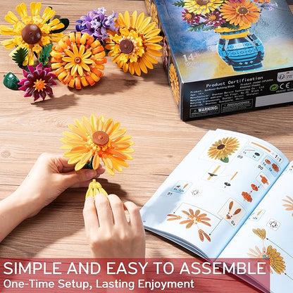 Flower Bouquet Building Blocks Set with Vase Mothers Day Mom Grandma Gifts 1065PCS Artificial Sunflower Botanical Nurse Teacher Appreciation Birthday Gifts for Wife Women Her Him Teen Girls Adults