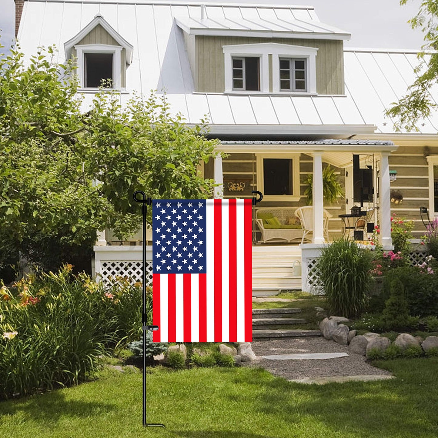 HOOSUN Garden Flag Stand, Premium Garden Flag Pole Holder Metal Powder-Coated Weather-Proof Paint with Tiger Clip and Spring Stoppers without flag