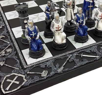 HPL Medieval Times Crusades Blue and White Armored Maltese Knights Chess Set with 17 Board