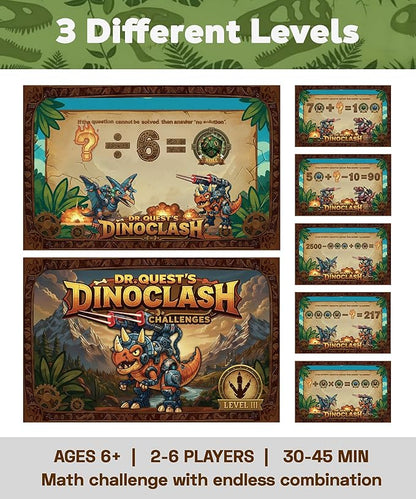 Dr. Quest Dino Clash Educational Math Board Game | Dinosaur-Themed Addition &amp Subtraction Game | Educational Family &amp Homeschool Math Game for Kids Ages 6–10