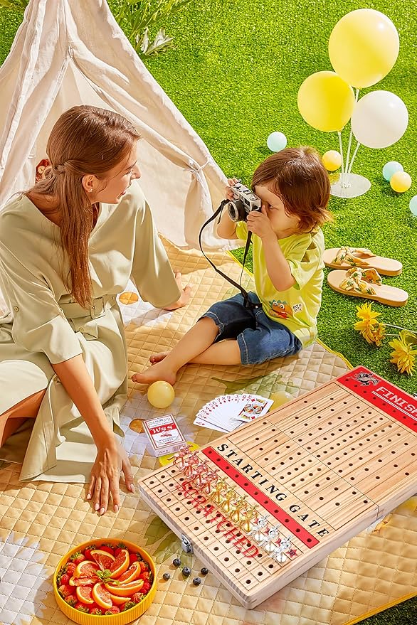 Nice C Horse Race Board Game Horse Racing Game Board Game Set Foldable and Portable with 2 Sets of Cards 2 Dice and 12 Metal Horses (1-Pack)