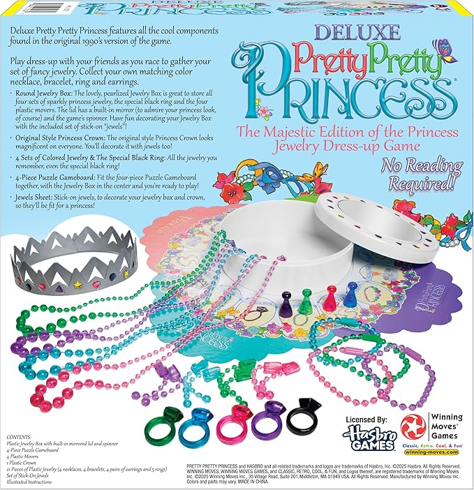 Winning Moves Deluxe Pretty Pretty Princess Game Majestic Edition with Original Components and 1990's Artwork Games USA a Delightful Jewelry Dress-Up Game for 2-4 Players Ages 5+