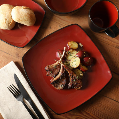 Gibson Soho Lounge Square Reactive Glaze Dinnerware Set, Red, Service for 4 (16pcs)