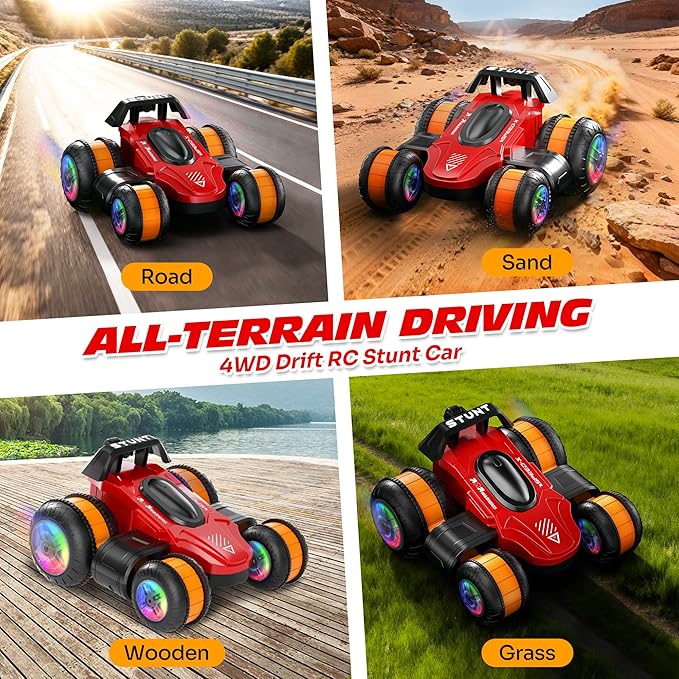 High Speed Remote Control Drift Car for Kids 360 Degree Rotating Deformation Stunt RC Cars for Boys and Girls Ages 3-16 4WD Drift RC Stunt Car with Light for Christmas Birthday Party Gifts (Red)