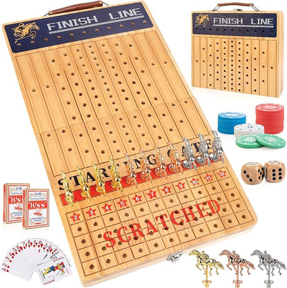 Bravmate Large 21 Inches Horse Race Board Game Solid Wood Foldable Horse Racing Game with 11 Luxury Metal Horses 2 Wooden Dice 2 Boxes of Cards 80 Chips for Parties