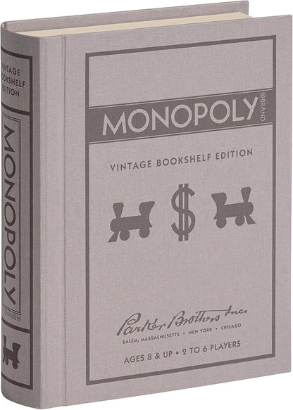 WS Game Company Monopoly Vintage Bookshelf Edition Board Game Premium Fabric-Wrapped Book Storage Box with Retro Graphics Wooden Houses Strategy Board Games for Kids Adults &amp Family Ages 8+