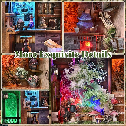 Book Nook Kit DIY Miniature Dollhouse Booknook Kit 3D Wooden Puzzle for Teens and Adults Bookend Bookshelf Insert Decor with LED Light (Potion-Making Edition)