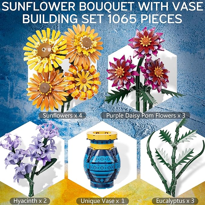 Flower Bouquet Building Blocks Set with Vase Mothers Day Mom Grandma Gifts 1065PCS Artificial Sunflower Botanical Nurse Teacher Appreciation Birthday Gifts for Wife Women Her Him Teen Girls Adults