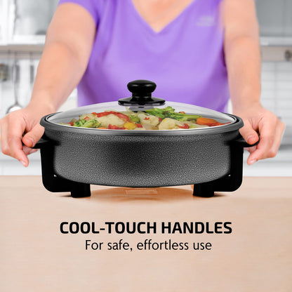 OVENTE 12 Inch Electric Skillet and Frying Pan with Nonstick Coating, 1400W Power, Adjustable Temperature Control, Tempered Glass Lid with Vent and Cool Touch Handles, Black SK11112B