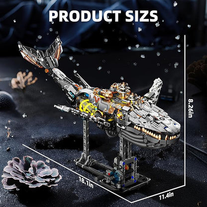 1388-PCS Mechanical Whale Building Blocks Set with LED Light Movable Linkage Gears Display Stand - Ocean Building Blocks for Adults Teens Kids Age 12+