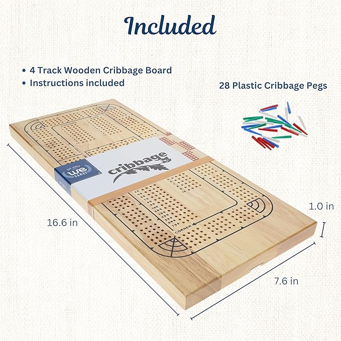 WE Games 4 Player Wooden Cribbage Board Solid Natural Wood 4 Track Board Plastic Pegs and Instructions Card Games for Families and Adults