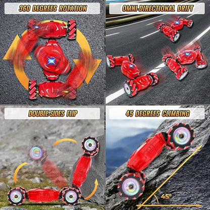 Pristar RC Stunt Cars Gesture Sensing Remote Car Toys for 6-12 Boys Girls 2.4Ghz Hand Remote Control Car with Spray Lights Music 360° Rotation 4WD Off-Road Birthday Xmas Gifts for Kids Age 6-12