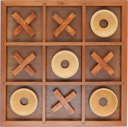 Wooden Tic Tac Toe Game – 9 Inch Solid Wood Board with X and O Pieces Decorative Coffee Table Game Classic Home Décor Accent