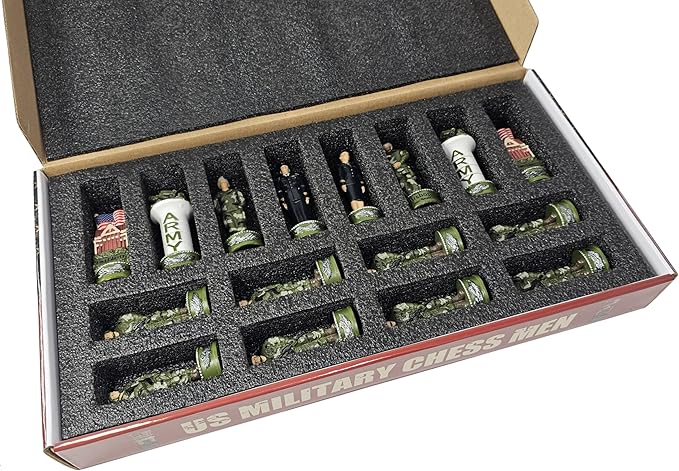 US Military Chess Set Army Navy Air Force or Marines. Choose 2 Branches of Men with 17 inch Walnut Color Storage Board (Army vs Marines)