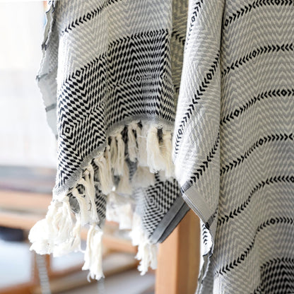 Peshtemania Premium Cotton Boho Throw Blanket |50”x60”| Grey Black and White Throw Blankets for Bed Sofa Couch Outdoor Farmhouse Turkish Throws Blankets for Sofa Bedroom Picnic Blankets Yoga
