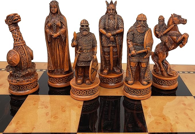 Antique Ivory &amp Brown Norse Viking Chess Set with 17 inch Walnut and Birdseye Maple Color Storage Board