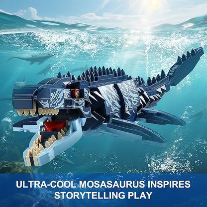 Dual Dinosaur Building Sets - Indominus Rex &amp Mosasaurus Dinosaur Toys with Poseable Joints STEM Educational Toys for Kids Ages 6-12 Creative Birthday Gifts for Boys and Girls