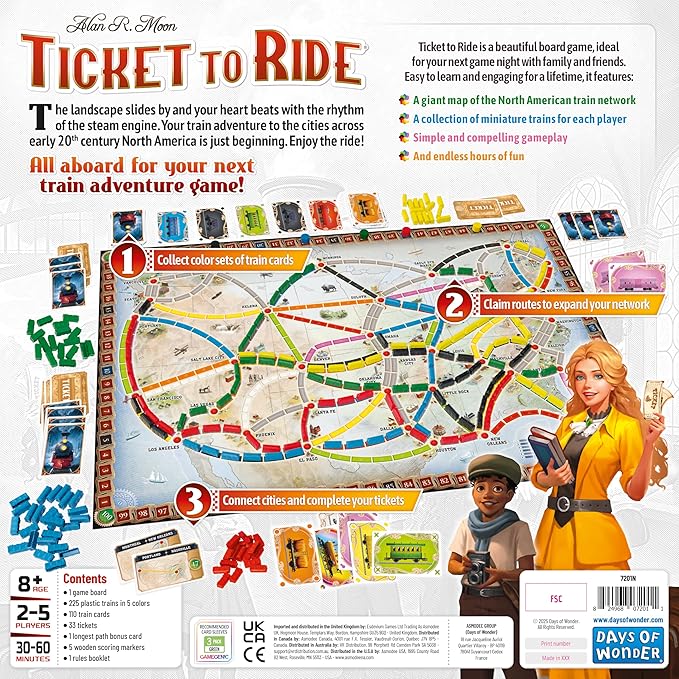 Asmodee Ticket to Ride Board Game (2025 Refresh) - A Cross-Country Train Adventure for Friends and Family Strategy Game for Kids &amp Adults Ages 8+ 2-5 Players 30-60 Minute Playtime
