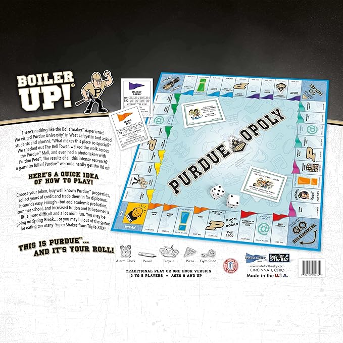 Late for The Sky Purdue University Purdueopoly Board Game Opoly-Style Campus Edition for 2-6 Players Family Game Night Alumni Collectible with Tokens and Landmark Properties