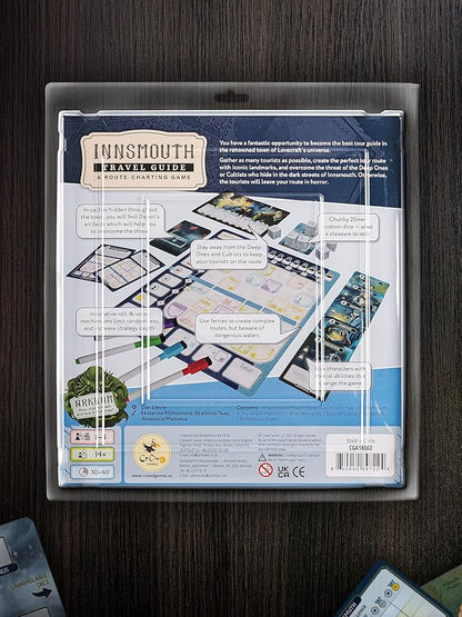 CrowD Games | Innsmouth Travel Guide | 1-4 Players | Ages 14 and up | Roll and Write | Tourism | Route Building | Lovecraft | Solo Mode Included | Average Playtime 30 min
